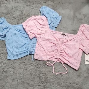 Cinch front puff sleeve eyelet design blouse size XXL